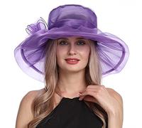 TOPOQ Women Ladies Organza Fascinator Hat Wedding Hat Evening Tea Party Hat Ascot Race Derby Hat Church Hat Flapper Pillbox Hat Wide Brim Sun Hat Travel Beach Hat for Prom Communion Occasion Purple