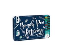 TOPP Brush Pen Lettering Design Tin (19 x 11.5 cm), 6 Brush Pens with Fineliner Tip in Red, Yellow, Green, Purple, Blue, Black, 5 Design Papers, 2 Transfer Sticker Sheets