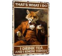 TopPacific Metal Tin Retro Sign Fox Poster, That's What I Do, Read Books, Drink Tea and I Know Things, Fox Drinks Tea,Vintage Metal Tin Signs Home Bar Shop Decorations Coffee Sign Gift 8X12Inch(915)