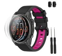 TopPerfekt Band Compatible with Garmin Fenix 8/8 Pro 47mm and Descent G2, Silicone Replacement Watch Strap Wristband and Screen Protector for Descent G2 Smart Watch for Women Men(Black-Magenta)