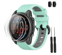 TopPerfekt Band Compatible with Garmin Fenix 8/8 Pro 47mm and Descent G2, Silicone Replacement Watch Strap Wristband and Screen Protector for Descent G2 Smart Watch for Women Men(Teal-Gray)