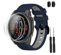 TopPerfekt Band Compatible with Garmin Fenix 8/8 Pro 47mm and Descent G2, Silicone Replacement Watch Strap Wristband and Screen Protector for Descent G2 Smart Watch for Women Men(Navy blue - Gray)