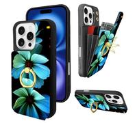 TopPerfekt Compatible with iPhone 16 Pro Wallet Case with Card Holder, 360° Rotation Finger Ring Holder Kickstand Protective RFID Blocking PU Leather Pattern Double Buttons Flip 6.3" Blue Floral