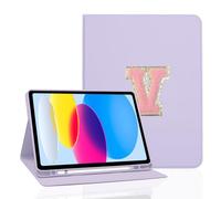 TopPerfekt for iPad 9th Generation 10.2 Inch 2021/2020/2019 Case, Initial Chenille Letter Suture, Personalized iPad 9th/8th/7th Generation Case with Auto Sleep/Wake, Pencil Holder (Pale Purple, V)