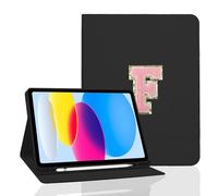 TopPerfekt for iPad 9th Generation 10.2 Inch 2021/2020/2019 Case, Initial Chenille Letter Suture, Personalized iPad 9th/8th/7th Generation Case with Auto Sleep/Wake, Pencil Holder (Black, F)