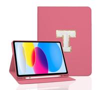 TopPerfekt for iPad 9th Generation 10.2 Inch 2021/2020/2019 Case, Initial Chenille Letter Suture, Personalized iPad 9th/8th/7th Generation Case with Auto Sleep/Wake, Pencil Holder (Rose Red, T)