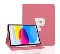 TopPerfekt for iPad 9th Generation 10.2 Inch 2021/2020/2019 Case, Initial Chenille Letter Suture, Personalized iPad 9th/8th/7th Generation Case with Auto Sleep/Wake, Pencil Holder (Rose Red, P)
