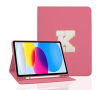 TopPerfekt for iPad 9th Generation 10.2 Inch 2021/2020/2019 Case, Initial Chenille Letter Suture, Personalized iPad 9th/8th/7th Generation Case with Auto Sleep/Wake, Pencil Holder (Rose Red, K)