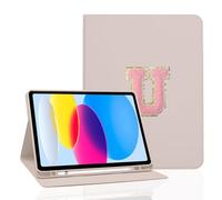 TopPerfekt for iPad 9th Generation 10.2 Inch 2021/2020/2019 Case, Initial Chenille Letter Suture, Personalized iPad 9th/8th/7th Generation Case with Auto Sleep/Wake, Pencil Holder (Pink, U)