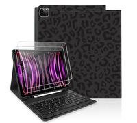 TopPerfekt Keyboard Case for iPad Pro 12.9" 6th/5th/4th/3rd Generation (2022/2021/2020/2018) with 2 Pack 9H Hardness Tempered Glass Screen Protector, Pencil Holder - Black Leopard