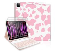TopPerfekt Keyboard Case for iPad Pro 12.9" 6th/5th/4th/3rd Generation (2022/2021/2020/2018) with 2 Pack 9H Hardness Tempered Glass Screen Protector, Pencil Holder - Pink Cow