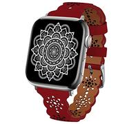 TopPerfekt Lace Leather strap Compatible Apple Watch 42mm 44mm 45mm 49mm Women Ultra Thin hollow out Breathable Leather strap Classic Clasp for iWatch Collection Ultra SE 8 7 6 5 4 3 2 1 red