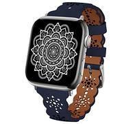 TopPerfekt Lace Leather strap Compatible Apple Watch 42mm 44mm 45mm 49mm Women Ultra Thin hollow out Breathable Leather strap Classic Clasp for iWatch Collection Ultra SE 8 7 6 5 4 3 2 1 dark blue