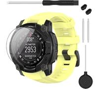 TopPerfekt Strap Compatible with Garmin Instinct 3, Soft Silicone Replacement Watch Band Strap 22mm and 2 x Screen Protectors for Instinct 3 45mm AMOLED/Solar Smart Watch for Women Men (Yellow)