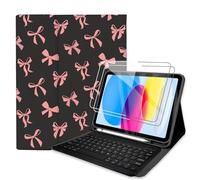 TopPerfekt with Bluetooth Keyboard for iPad 10th Gen 10.9'' 2022 / (A16) 11th/10th Gen Case 11'' 2025 Case with Screen Protector, Pencil Holder with 2 Pack 9H Hardness Tempered Glass, Black-Pink Bow