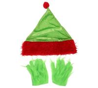 TOPPERFUN 1 Set Christmas Santa Hat with Green Furry Gloves Monster Costume Gloves Santa Cosplay Accessories for Holiday Role Play Halloween and Christmas Events