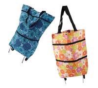 TOPPERFUN 2pcs Foldable Grocery Bag with Wheels Shopping Trolley Cart Set, Small Portable Handheld Shopping Bags with Floral Pattern, for Supermarket and Outdoor Use