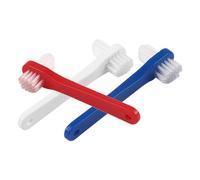 TOPPERFUN 3Pcs Denture Toothbrushes Portable Double-Headed Small Brush for Adult False Teeth Cleaning Ergonomic Handle Bulk Toothbrush White Red Blue