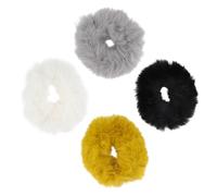 TOPPERFUN 4pcs Faux Fur Fuzzy Hair Scrunchies Soft Ponytail Holders for Women Elastic Hair Rings and Wrist Bands Gentle Grip in Black Grey Mustard White
