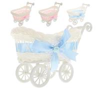 TOPPERFUN 4Pcs Imitation Rattan Shower Cart Candy Basket Set, Mini Woven Stroller Centerpieces for Gender Reveal Party, Wedding Decoration with Blue and Pink Shower Favor Holders