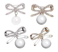 TOPPERFUN 4Pcs Rhinestone Bowknot Brooches Alloy Corsage Pins Elegant Clothing Accessories for Women Decorative Lapel Pins with Artificial Pearls Smooth Surface Safe for Garments
