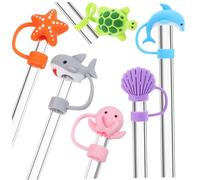 TOPPERFUN 6Pcs Animal Straw Toppers Cute Silicone Drinking Straw Covers for Straws Fun Shark Dolphin Turtle Octopus and Shell Designs Easy to Install and Clean