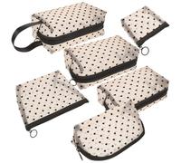 TOPPERFUN 6pcs Beige Mesh Cosmetic Bags with Black Heart Pattern, Portable Small Makeup Organizer Set with Zipper for Women Travel and Daily Use