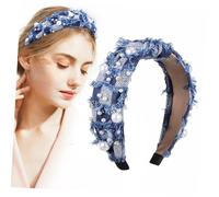 TOPPERFUN Denim Wide Hairband for Women and Rhinestone Knotted High Crown Headband Elastic Fit Cute Spa Headband for Skincare Running Party Hair Accessory