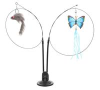 TOPPERFUN Double-head Plumage Cat with Suction Cup and Steel Wire Rod, Portable Indoor Kitten Teaser Stick with Blue Butterfly and Grey Mouse Replacement Heads, Interactive Pet Accessory