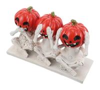 TOPPERFUN Spooky Pumpkin Skeleton Figurine Resin Skull Statue No Evil Skeleton Sculpture Halloween Table Decor Indoor Outdoor Garden Ornament Party Centerpiece