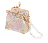 TOPPERFUN Vintage Chinese Brocade Pearl Coin Purse with Handheld Design and Metal Frame, Small Elegant Change Wallet for Women, for Parties and Travel