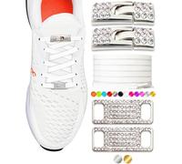 TOPPING STYLE Elastic No Tie Shoe Laces with Bling Diamond Locks & Charms for Women's Sneakers, 01 White- Silver, 16*9*1 cm