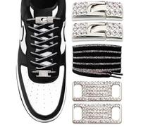 TOPPING STYLE Elastic No Tie Shoe Laces with Bling Diamond Locks & Charms for Women's Sneakers, 02-black- Silver Edge, 105