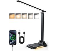 TOPPLEE Desk Lamp Rechargeable 2500mAh, 5 Color Temperature Black Aluminium Dimmable Lamp with Night Light & USB Charging Port, Eye-Caring Reading Lamp with Timer for Bedroom, Office, Dormitory