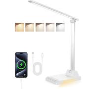 TOPPLEE Desk Lamp Rechargeable 2500mAh, 5 Color Temperature White Aluminium Dimmable Lamp with Night Light & USB Charging Port, Eye-Caring Reading Lamp with Timer for Bedroom, Office, Dormitory