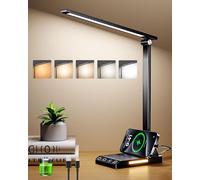 TOPPLEE LED Desk Lamp Rechargeable, Aluminium Dimmable Lamp with Night Light & USB Charging Port, 5 Color Temperature Eye-Caring Reading Lamp with Timer for Bedroom, Office, Dormitory(Black)