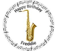 TopPrintedToppers Saxophone Music Note Trim Round Circle Cake Topper, 7.5 inch, Personalised, Choice between Wafer Paper or Icing Sheets, White