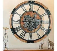 TOPPTIK 27 Inch Moving Gear Wall Clock, Oversized Wall Clocks, Clock Living Room Decor, Solid Wood Frame, Battery Operated, Large Wall Clock with Steampunk Industrial for Fireplace(Brown)
