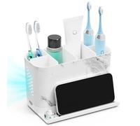 toprance Electric Toothbrush Holder with Adjustable Dividers, White Marble Effect Tooth Brush Holder for Bathroom Countertop, 6 Slots Toothbrush Caddy with Front Ledge and Drain Tray for Family, Kids