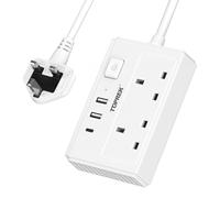 TOPREK 2 Way Extension Lead with USB Slots, 2 AC Outlets + 1 USB-C + 2 USB-A Ports, 1.5m Extension Cable with Switch, Slim Flat Plug (0.57inch) for Home/Office/Travel
