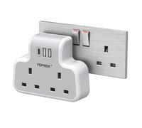TOPREK Multi Plug Extension Socket with 2USB-A & 1USB-C, 2 Way Plug Adapter 13A UK Double Plug Sockets, 3250W Wall Charge Extender for Home, Office, Kitchen