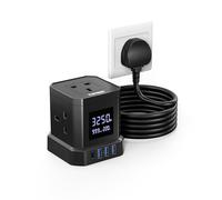 TOPREK Power Extension Lead with LED Display, Electric Extension Lead with 4 AC Outlets + 4 USB Ports (1x USB-C 15W), Energy Monitoring Power Strip Tracker KWH Volt Watt, 2M Extension Cable