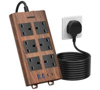 TOPREK Wood Grain 6 Way Extension Lead with USB Slots, Surge Protection, 2USB-A & 2USB-C & 1 Switch, 13A/3250W, Brown Extension Cable 2M for Home Office Kitchen