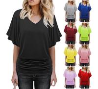 Tops for Ladies UK Womens Summer Top Plus Size 2022 Soft V Neck Bat Sleeve Tunic Blouse Casual Solid Short Sleeve Tops Bat Wing Shirts for Ladies Purple Red White Yellow