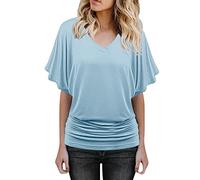 Tops for Ladies UK Womens Summer Top Plus Size 2022 Soft V Neck Bat Sleeve Tunic Blouse Casual Solid Short Sleeve Tops Bat Wing Shirts for Ladies Purple Red White Yellow