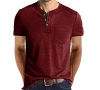 Tops for Men UK Short Sleeve Cotton T Shirts Gym Workout Basic Sweatshirts Button Down Henley Shirts Solid Color Regular Fit Casual Tops Men's T Shirt for Training and Fitness Wine XL