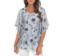 Tops for Women Chiffon Blouses for Women UK Ladies 3/4 Sleeve Blouse Casual Short Sleeve Dressy Tops for Women UK Womens Floaty Tops Going Out Wear Crew Neck Chiffon Tops Summer Fall Wear