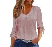 Tops for Women Plus Size Long Sleeve V Neck Button Lace T Shirts Casual Broderie Anglaise Loose Fit Shirts Blouse Comfy Oversized Tunic Tops Light Deals of The Day Sale Pink