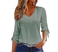 Tops for Women Plus Size Long Sleeve V Neck Button Lace T Shirts Casual Broderie Anglaise Loose Fit Shirts Blouse Comfy Oversized Tunic Tops Light Warehouse Deals Clearance Green