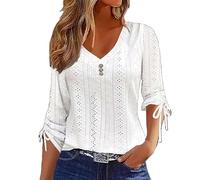 Tops for Women Plus Size Long Sleeve V Neck Button Lace T Shirts Casual Broderie Anglaise Loose Fit Shirts Blouse Comfy Oversized Tunic Tops Light Lightning Deals Today White